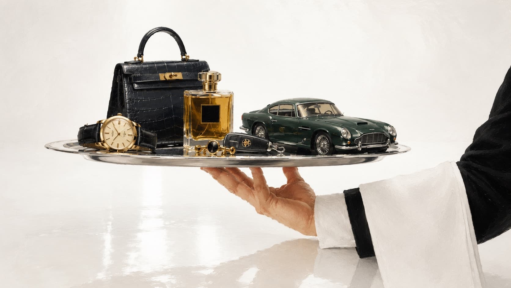 A butler’s hand holding a silver tray carrying a crocodile handbag, a gold watch, a perfume bottle, car keys and a model classic sports car.
