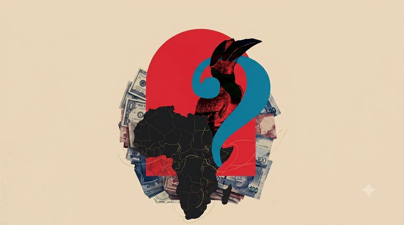 Collage of the African continent map over a red arch and a blue question mark with a hornbill, set against a fan of international banknotes.