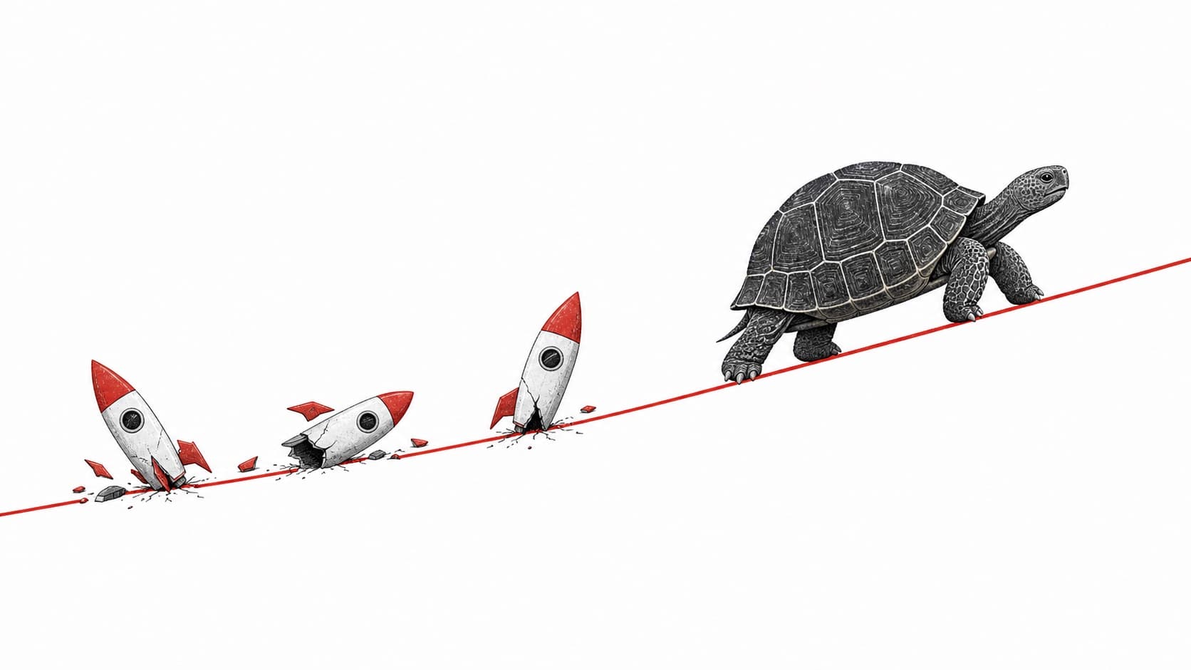 A steady tortoise outpacing failed rockets along a rising investment line