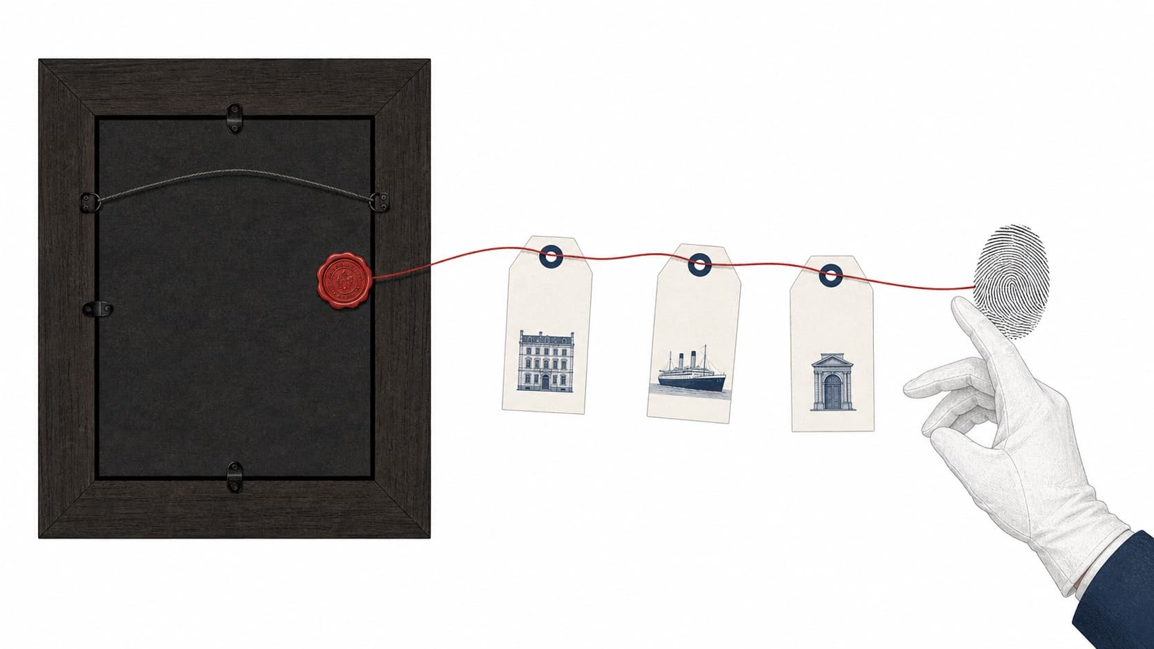 Artwork provenance traced from a collector frame through records to a fingerprint