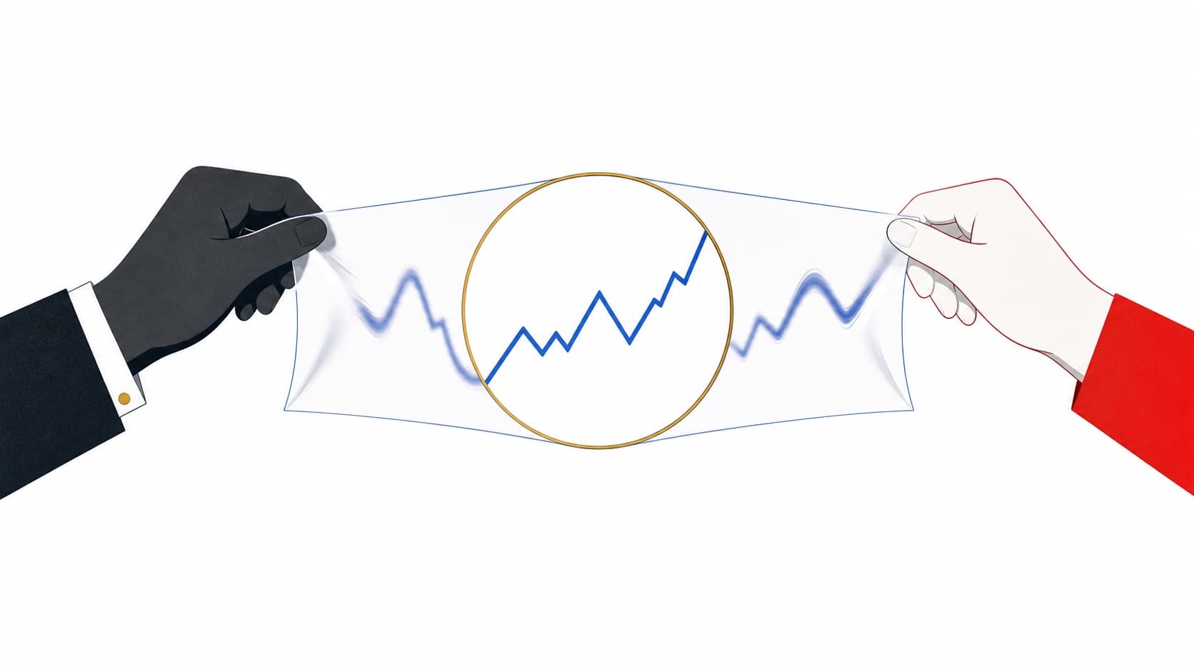 Broker and trader holding transparent market data under a magnifying lens