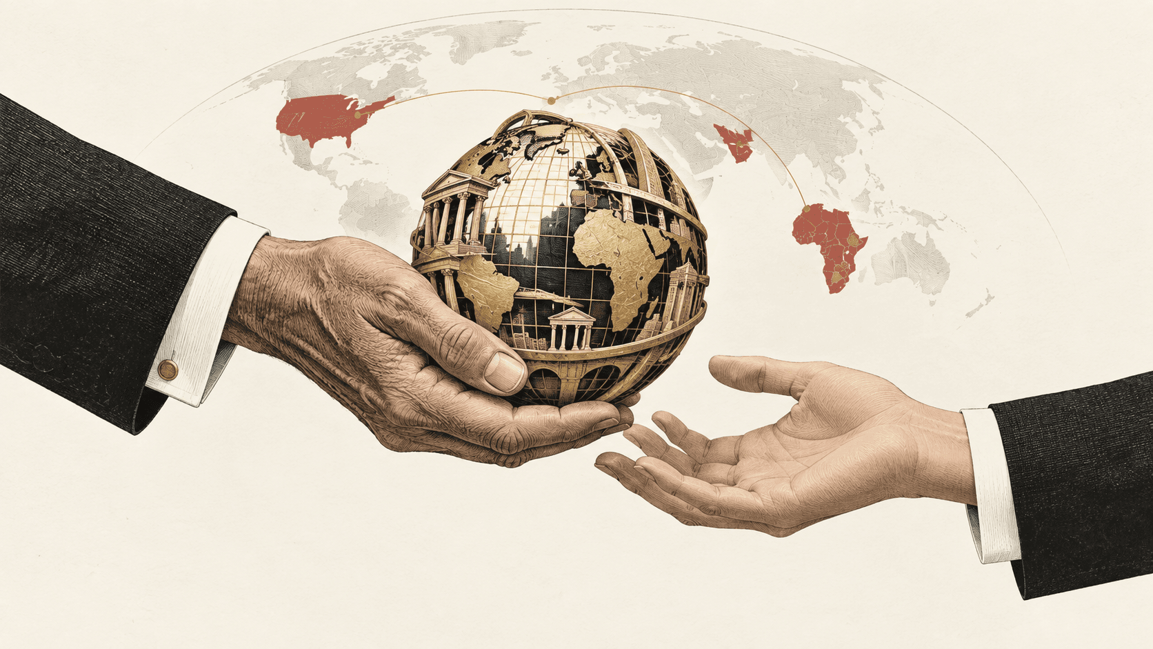 An older generation passes a globe shaped investment structure to a younger generation, illustrating cross border succession risk.