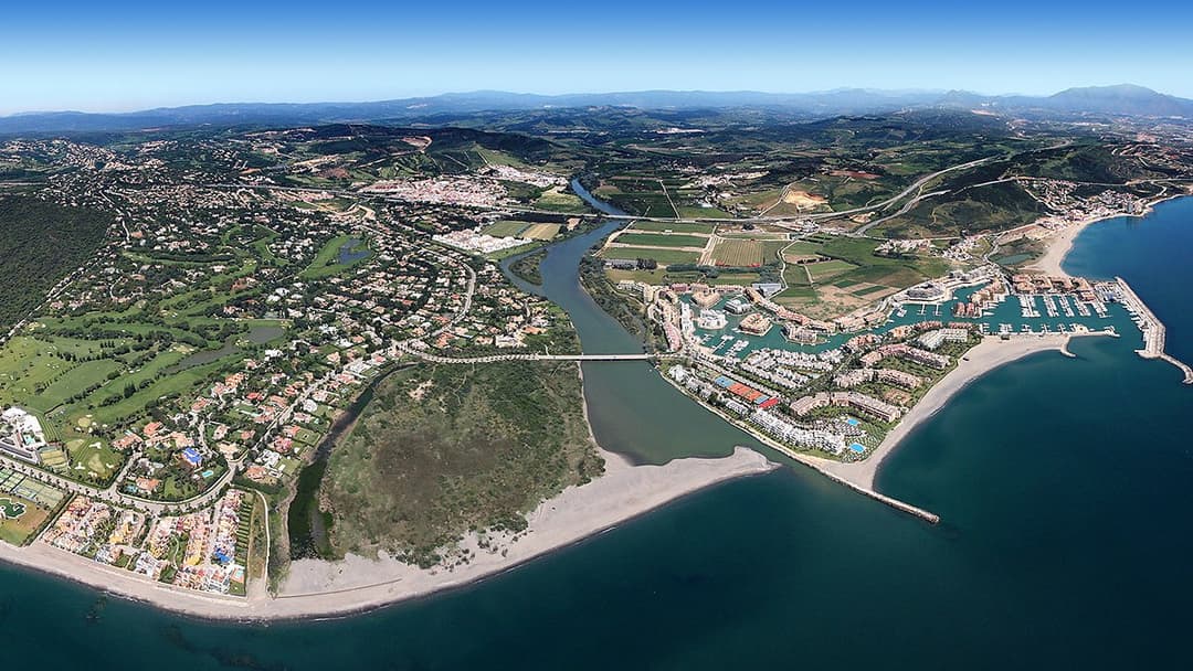 An aerial view of Sotogrande, the 1962-planned residential community in San Roque, Cádiz, that quietly holds the highest-spend Spanish trophy addresses outside the islands.