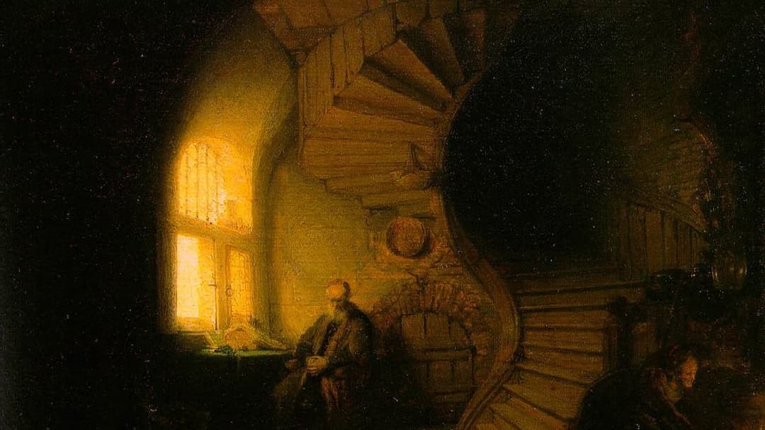 Rembrandt's The Philosopher in Meditation: a lone thinker beside a window and a spiral staircase, deep in thought.