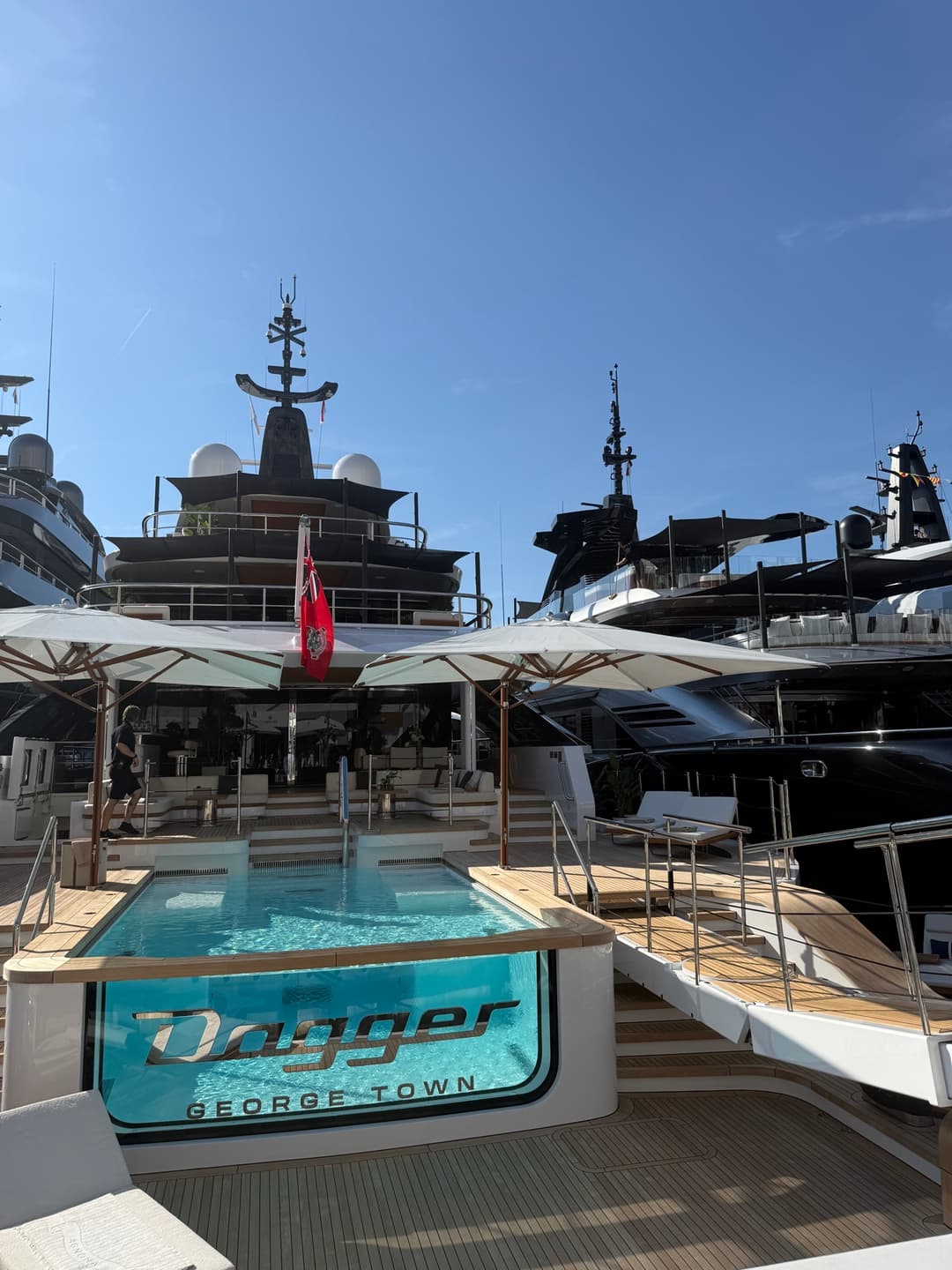 The stern pool and deck of the superyacht Dagger at the Monaco Yacht Show