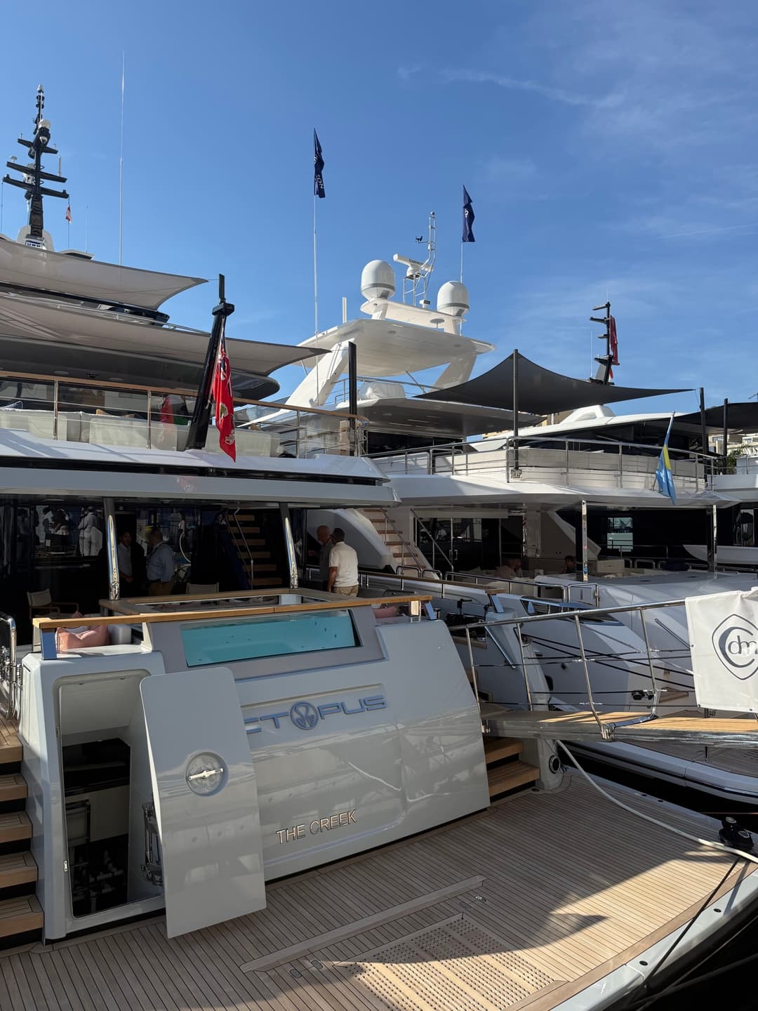 The stern of the superyacht Octopus among other yachts and international flags at the Monaco Yacht Show