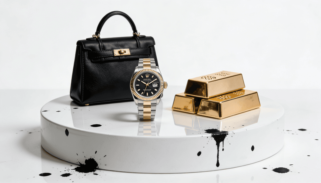 An ensemble of a Rolex chronograph and a Hermès Birkin — connoisseur objects whose value derives from provenance and singular character rather than mass distribution.