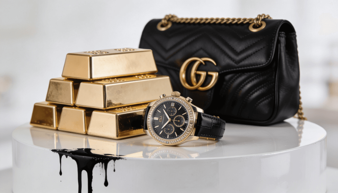 A luxury wristwatch and designer accessory in studio lighting — the categorical distance that mass-aspirational luxury spent two decades industrialising out of existence.