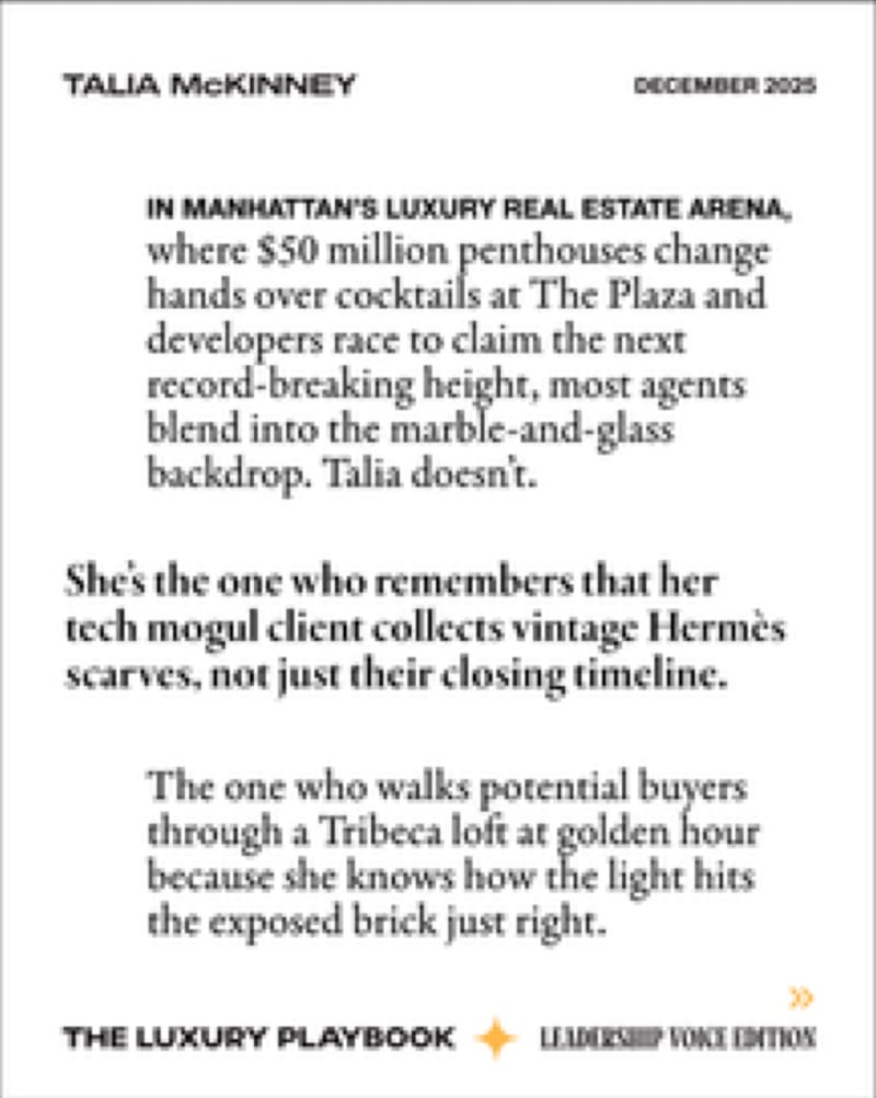 Slide 3: an excerpt from the profile on her work in Manhattan luxury real estate