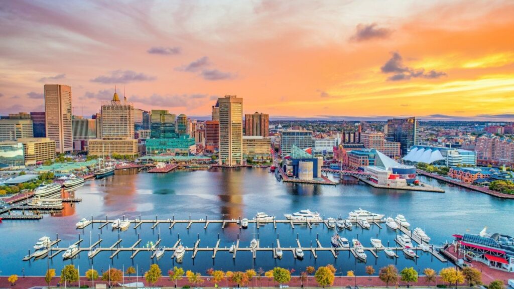Baltimore harbor  during sunset