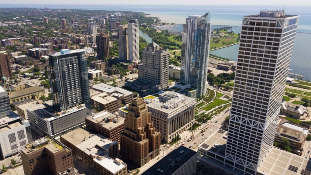 Milwaukee city center with large buildings