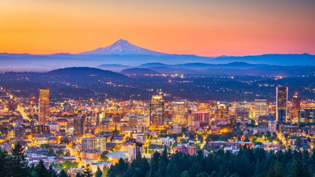 Portland downtown by sunset