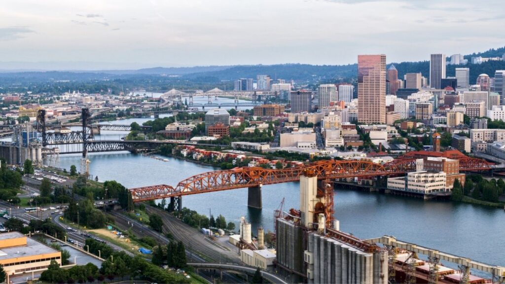 Portland bridge with building around it