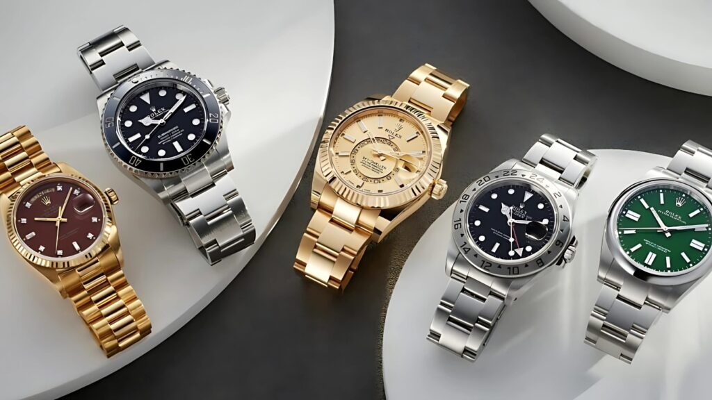 Luxury Rolex watch collection featuring gold and stainless steel models, including Submariner, Yacht-Master, and Datejust designs, displayed on elegant surfaces showcasing premium craftsmanship and investment appeal.
