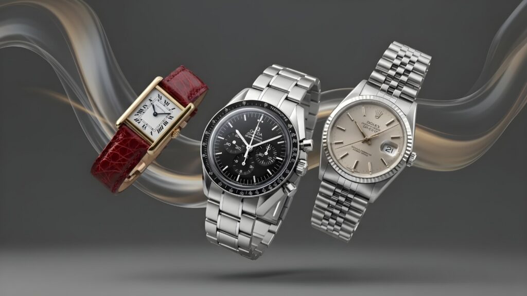 Luxury watch trio featuring a Cartier Tank with red leather strap, Omega Speedmaster Professional, and Rolex Datejust — showcasing iconic designs and enduring investment value in fine timepieces.